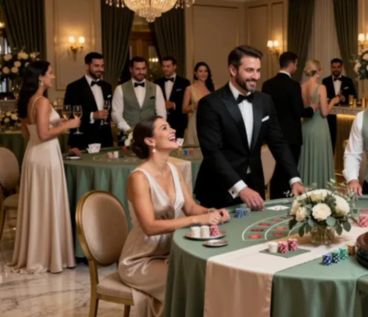 Kaszinó parti rulettel, blackjack asztallal és elegáns vendégekkel