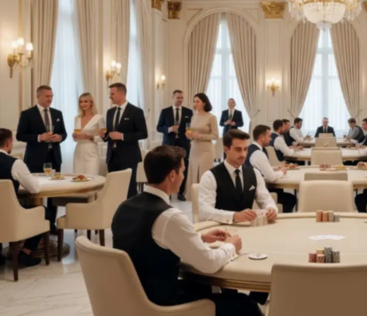 Elegáns pókerasztal és vendégek egy luxus rendezvényen